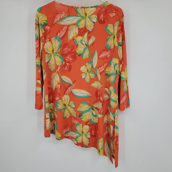 Susan Graver Asymmetrical Hem Coral Floral Flower Beachy Boho 3/4 Sleeve Shirt M - Picture 3 of 9